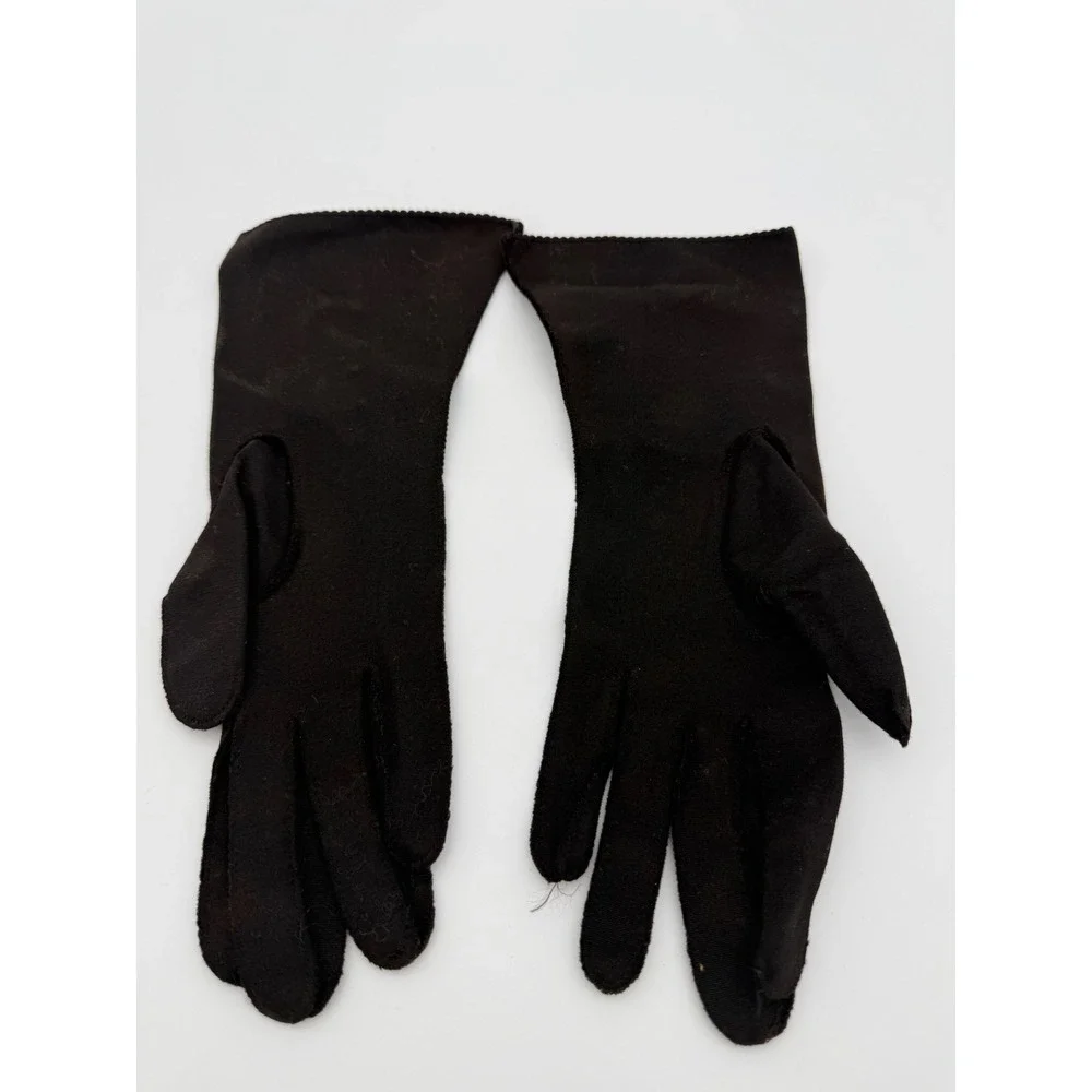 Vintage Lady‎ Gay Black Stretch Nylon Gloves Size 7 Pearl Button Mid Century